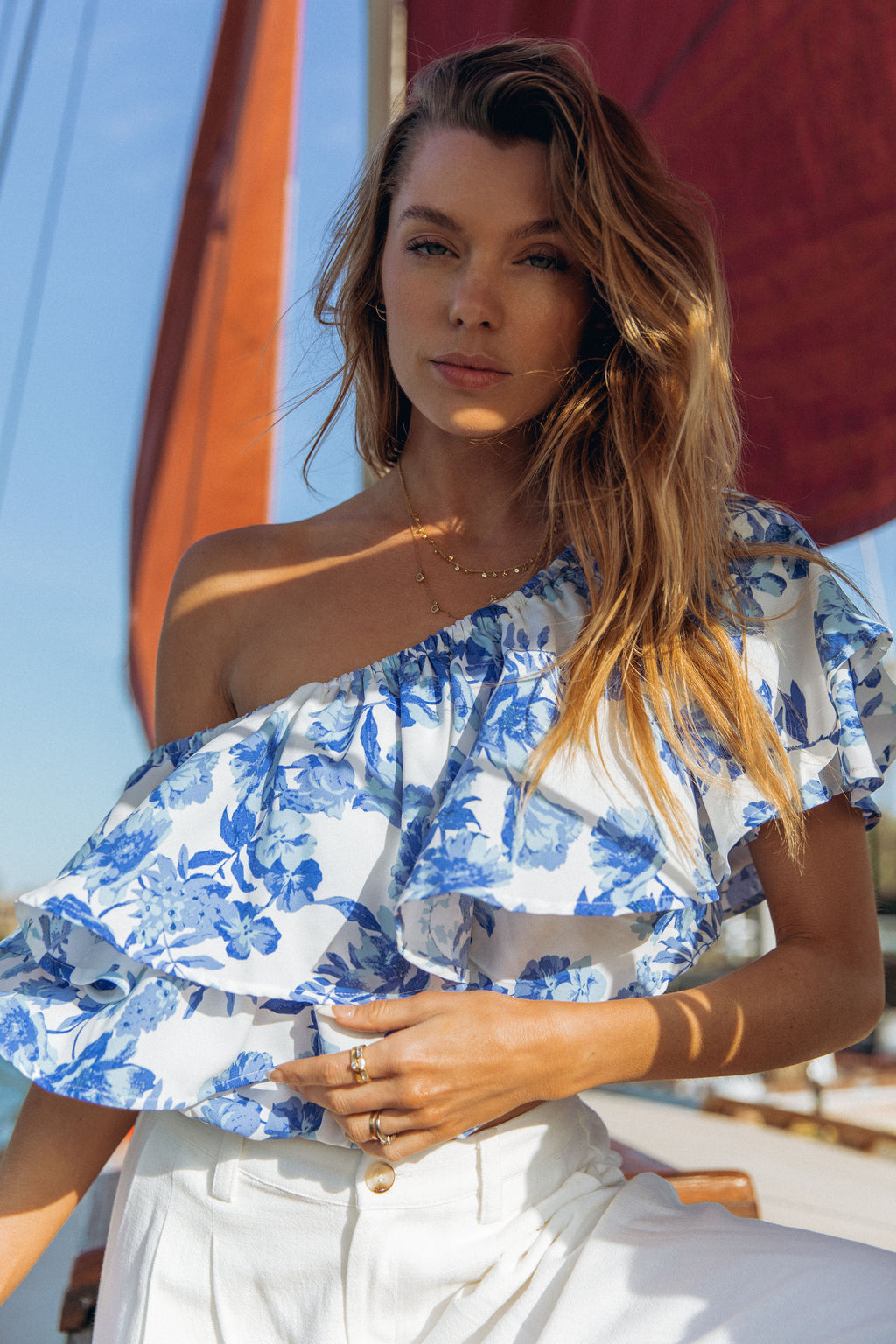 PROVA Capri One Shoulder Tiered Ruffle Crop Top - Main Image