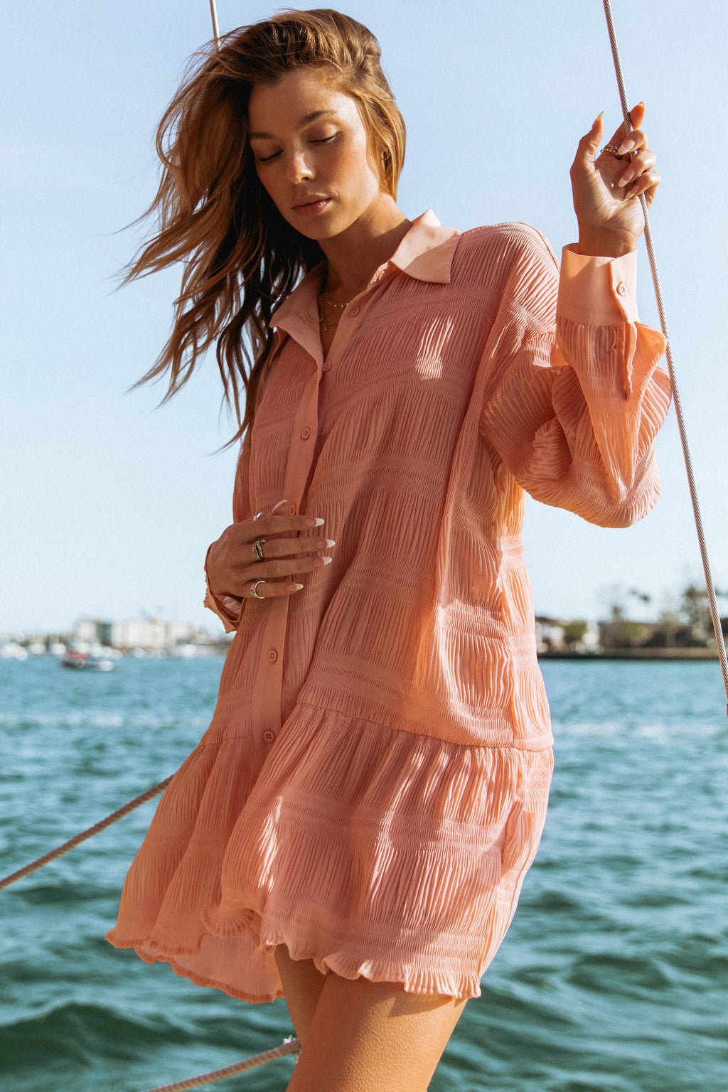 Bay Breeze Sheer Mini Dress Coral / S Bay Breeze Sheer Mini Dress Coral / S