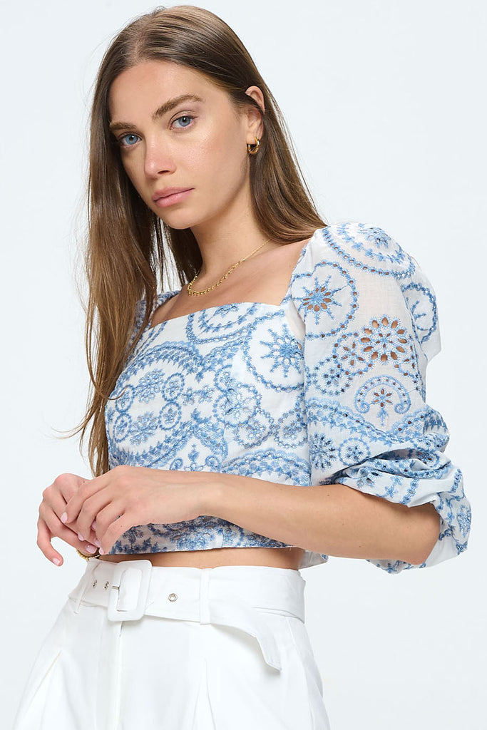 Embroidered Eyelet Puff Sleeve Crop Top - Blue Eyelet