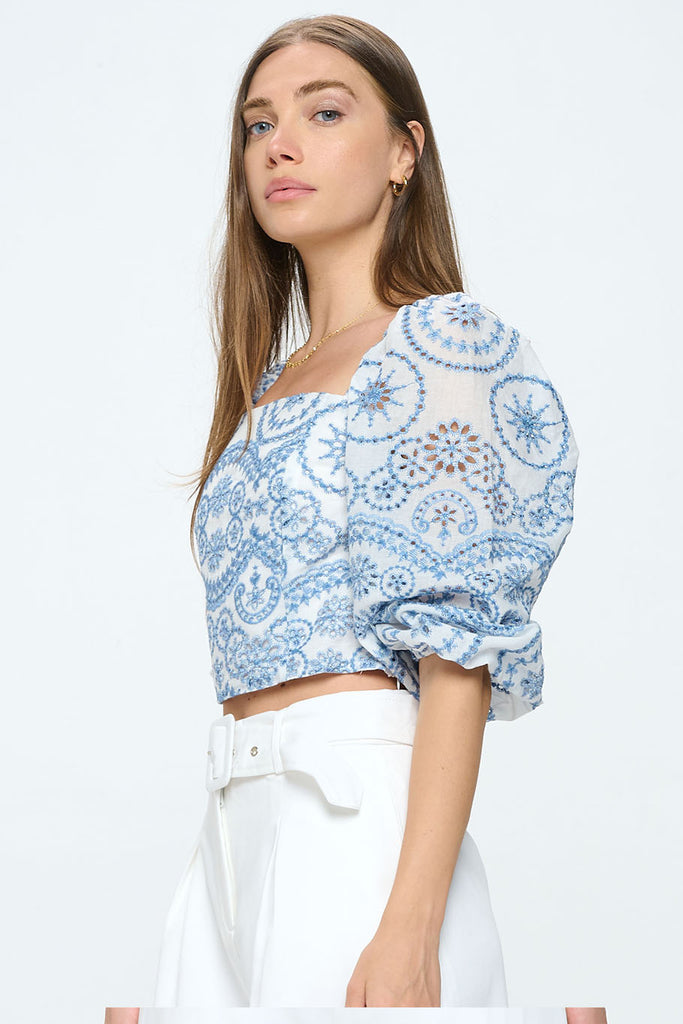Embroidered Eyelet Puff Sleeve Top - Blue Eyelet