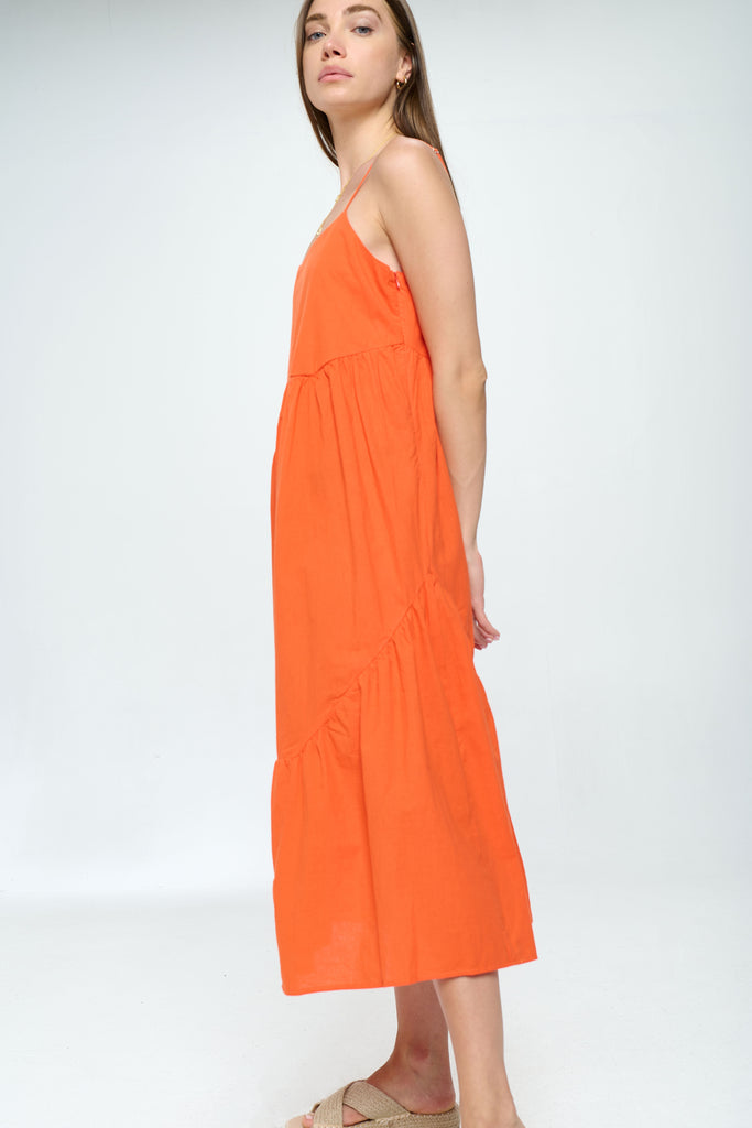 Voluminous Cotton Tiered Midi Dress With Side Zipper - Dark Orange
