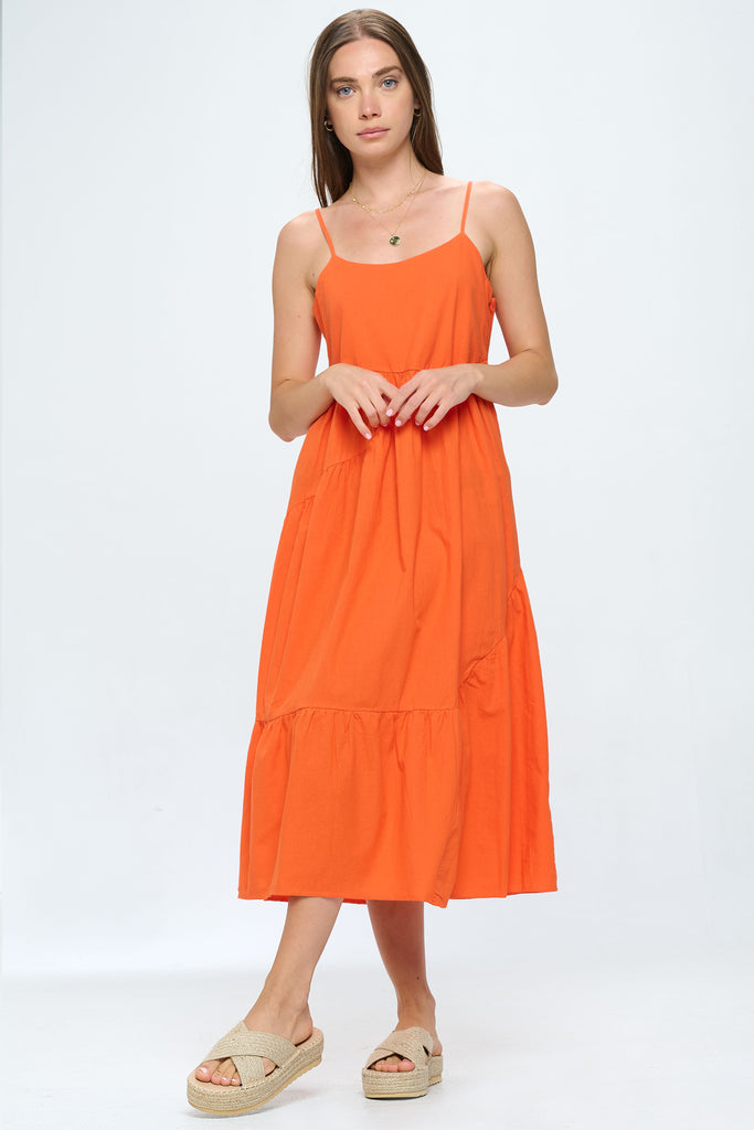 Voluminous Cotton Tiered Midi Dress - Dark Orange