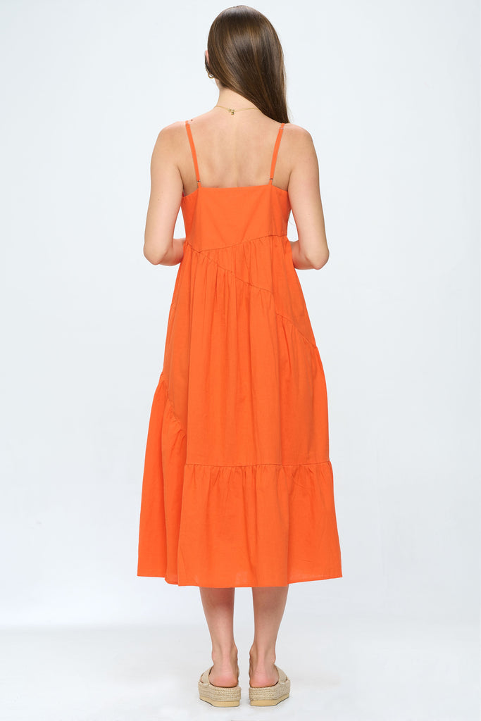 Voluminous Cotton Tiered Midi Dress With Adjustable Straps - Dark Orange