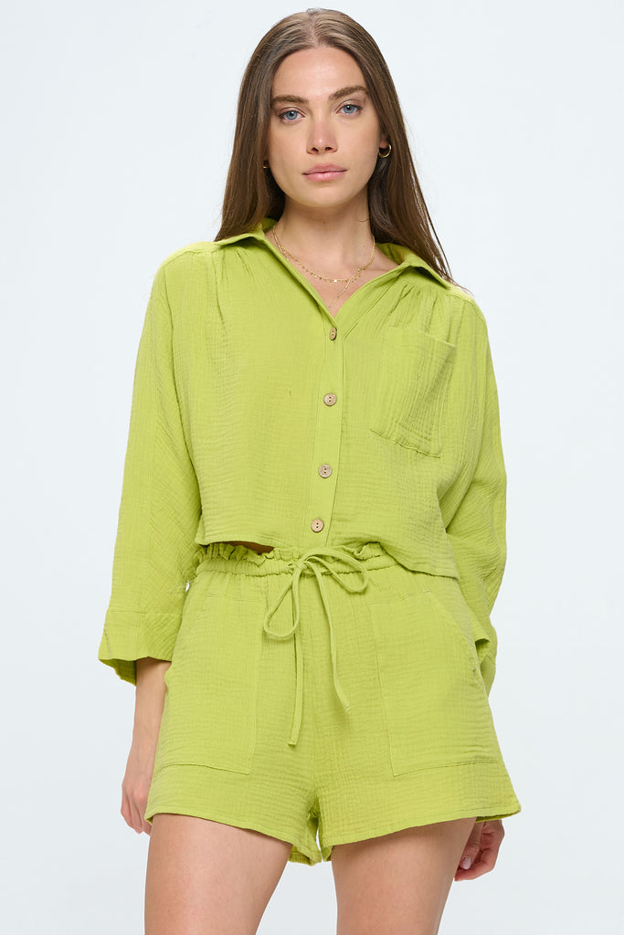 Crinkle Cotton Co-Ord Set Button Front Wide Sleeve Ruffle Waist Shorts - Lime Green