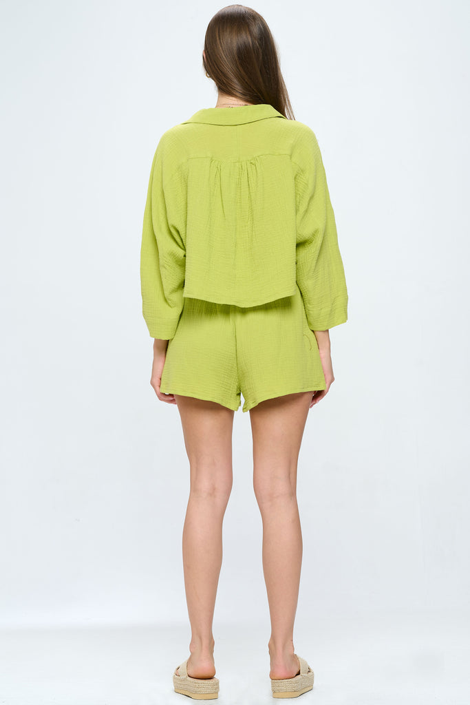 Crinkle Cotton Co-Ord Set Button Front Oversized Top Ruffle Waist Shorts - Lime Green