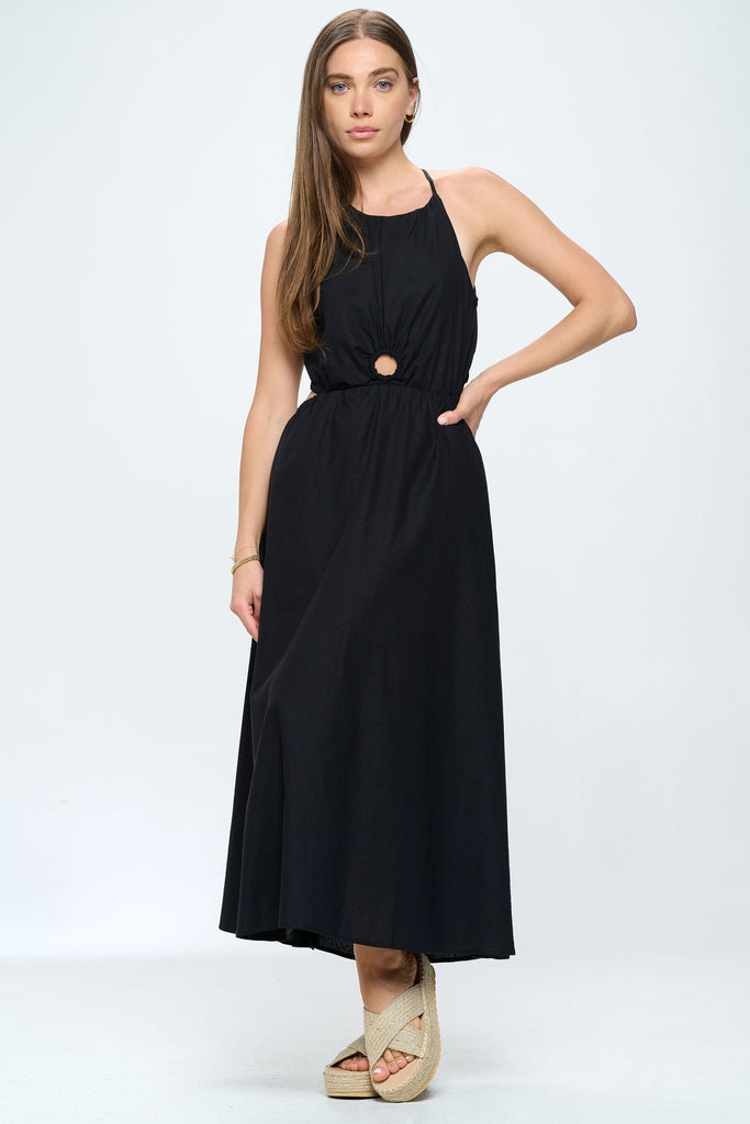 High Neck O Ring Side Cutout Midi Dress - Black