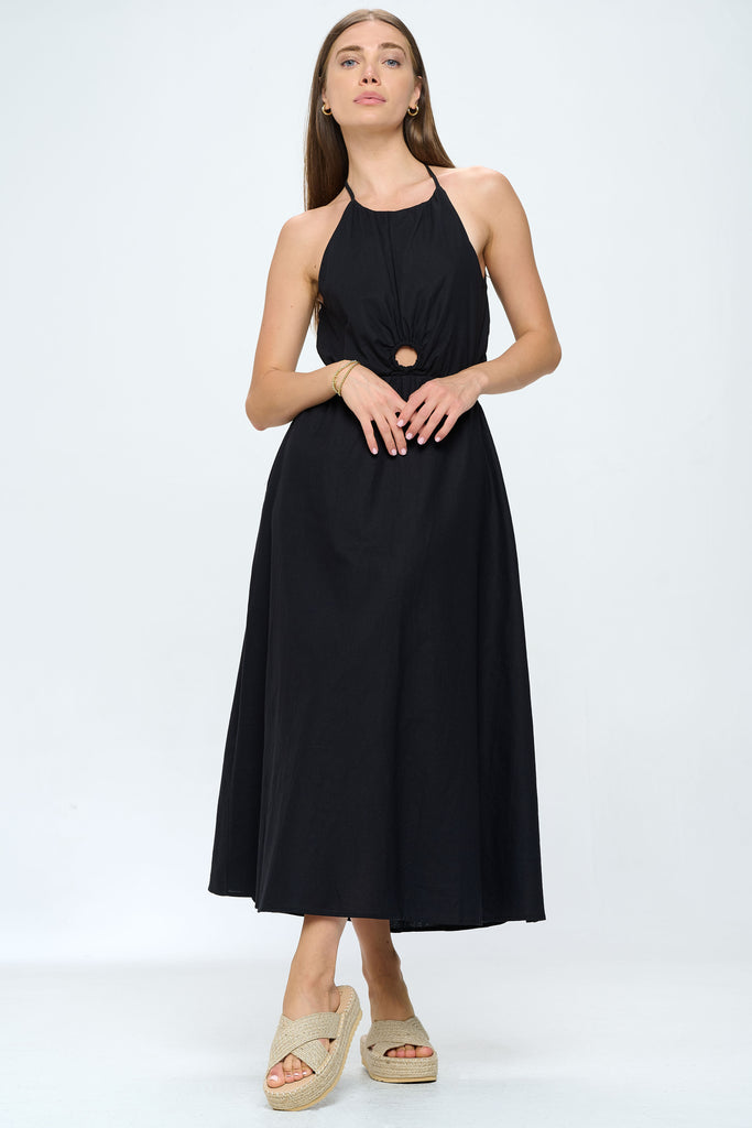 High Neck Side Cutout Midi Dress - Black