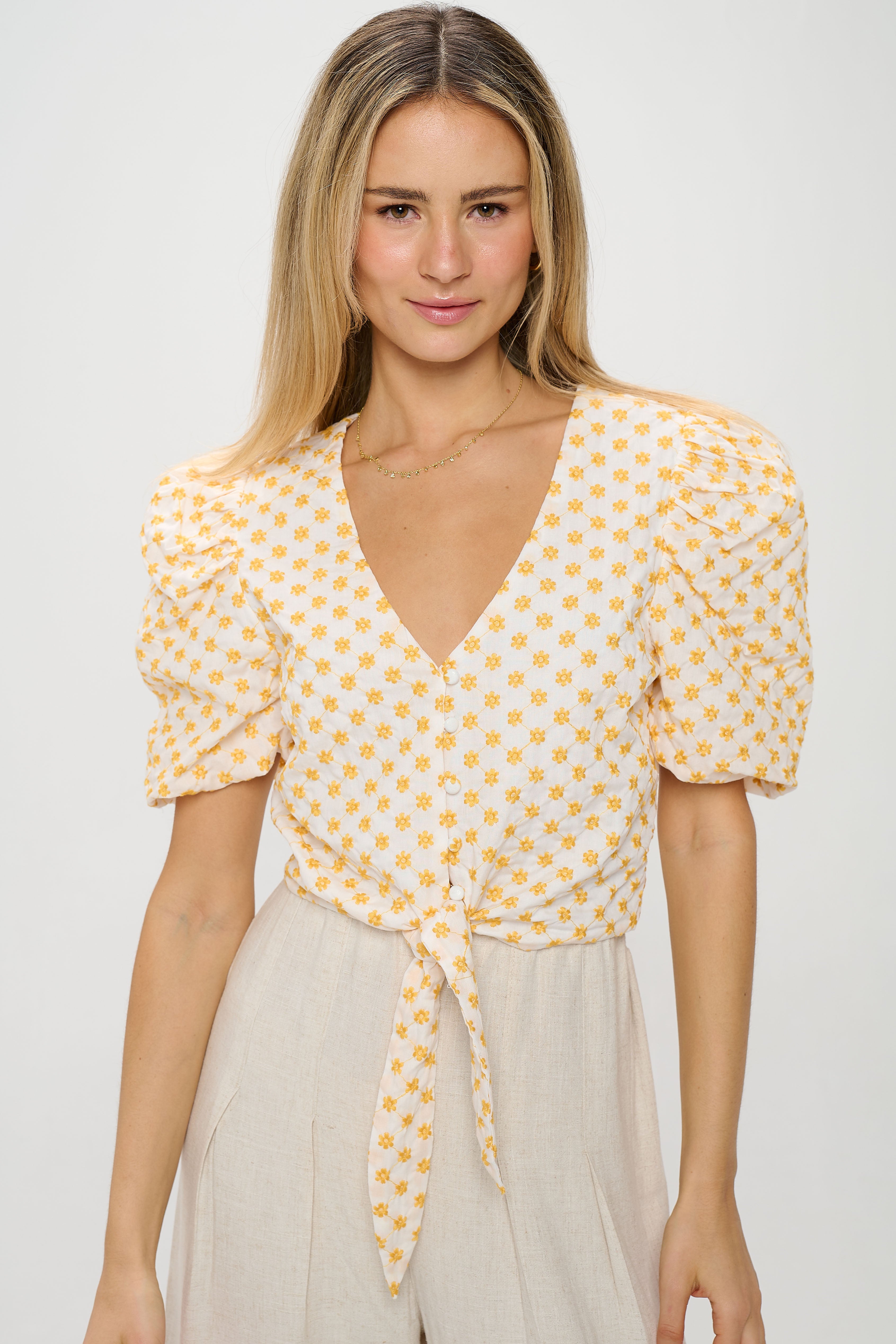 Yellow Crop Top - Puff Sleeve Smocked Crop Top - Front Tie Crop Top