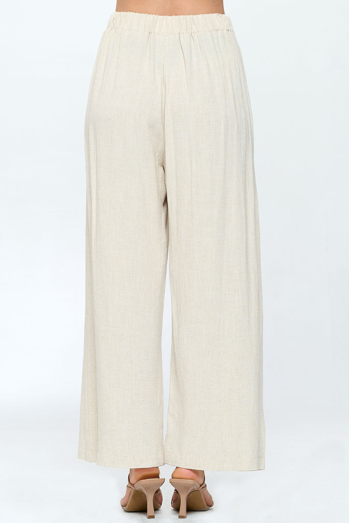 Wide Leg Pleated Linen Pants With Elastic Waist - Natural