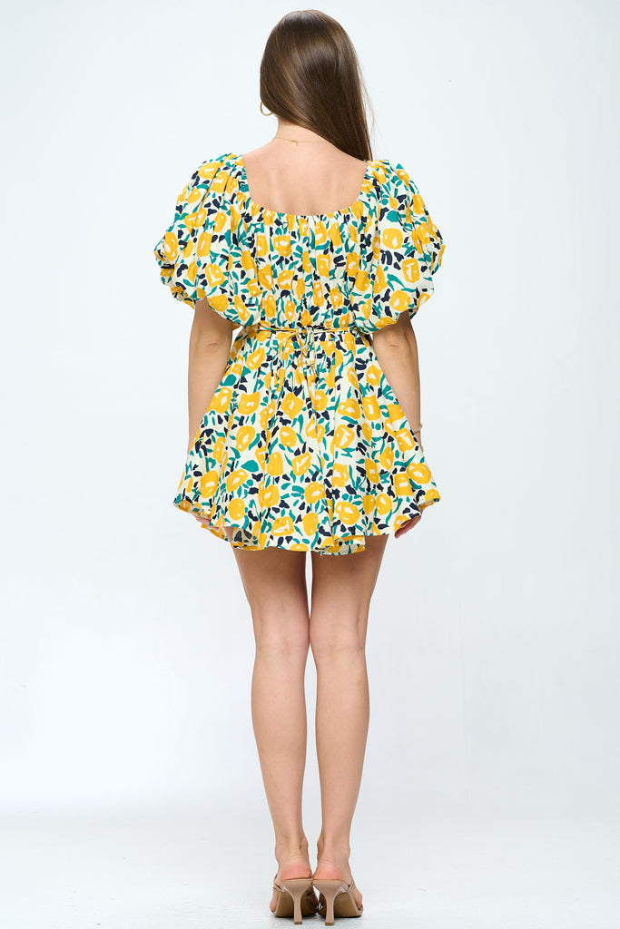 Puff Sleeve Floral Mini Dress Waist Tie - Yellow Floral