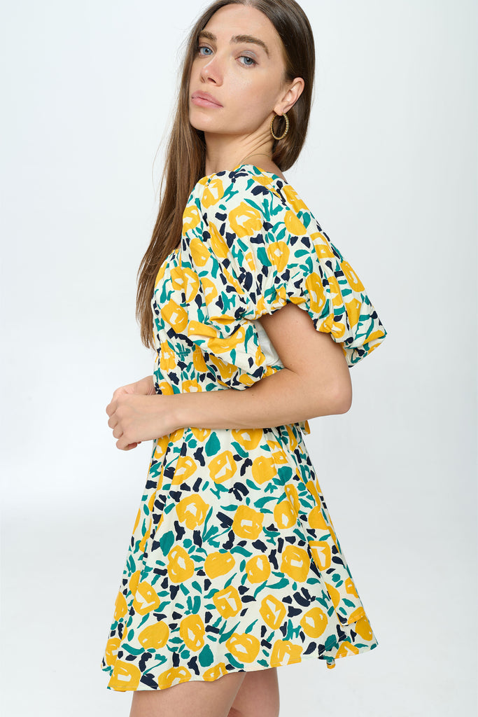 Exaggerated Puff Sleeve Floral Mini Dress - Yellow Floral