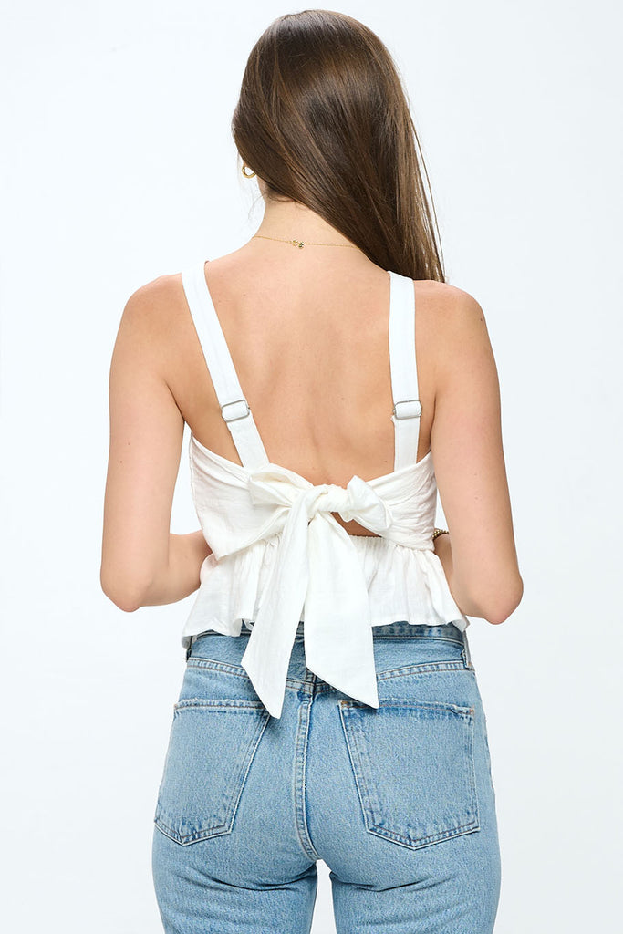 Smocked linen tank top with backless tie back bow adjustable straps - White